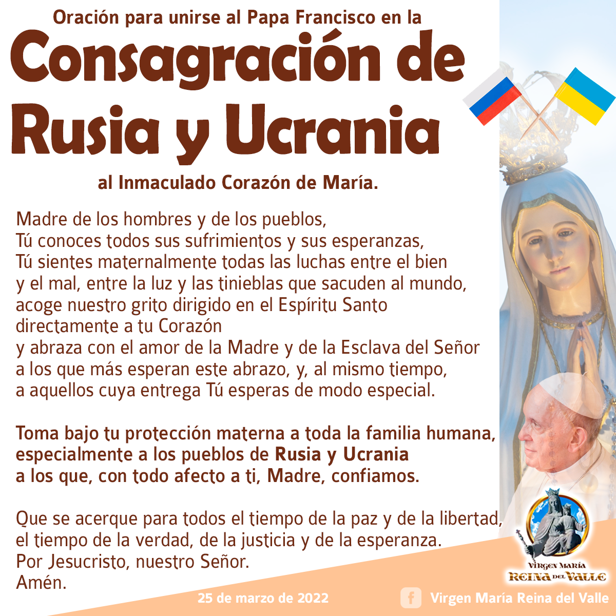 Publican la oración y el horario de transmisión de la consagración de Rusia y Ucrania a la Virgen María