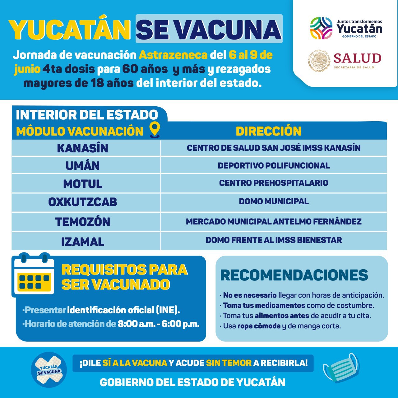 Nueva jornada para aplicación de dosis de refuerzo de la vacuna contra el Coronavirus para adultos mayores de 60 años de 6 municipios