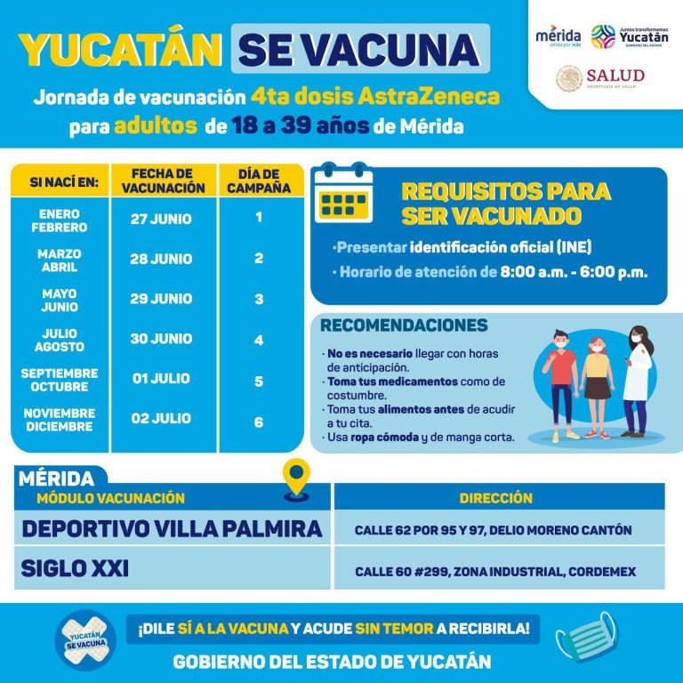 Personas de 18 a 39 años de Mérida estarán recibiendo cuarta dosis del 27 de junio al 2 de julio 