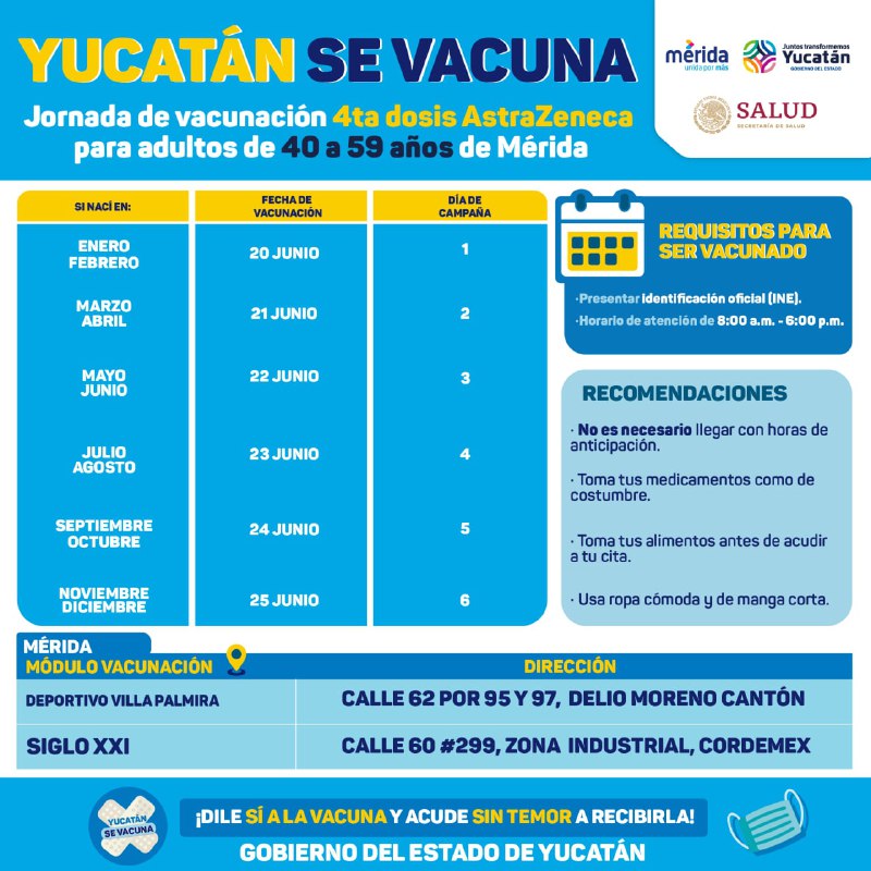 Personas de 40 a 59 años de edad de Mérida comenzarán a recibir la cuarta dosis de refuerzo contra el Coronavirus