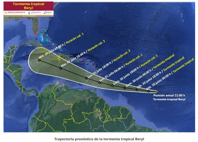 “Beryl” entraría a la península de Yucatán el próximo viernes (Conagua).